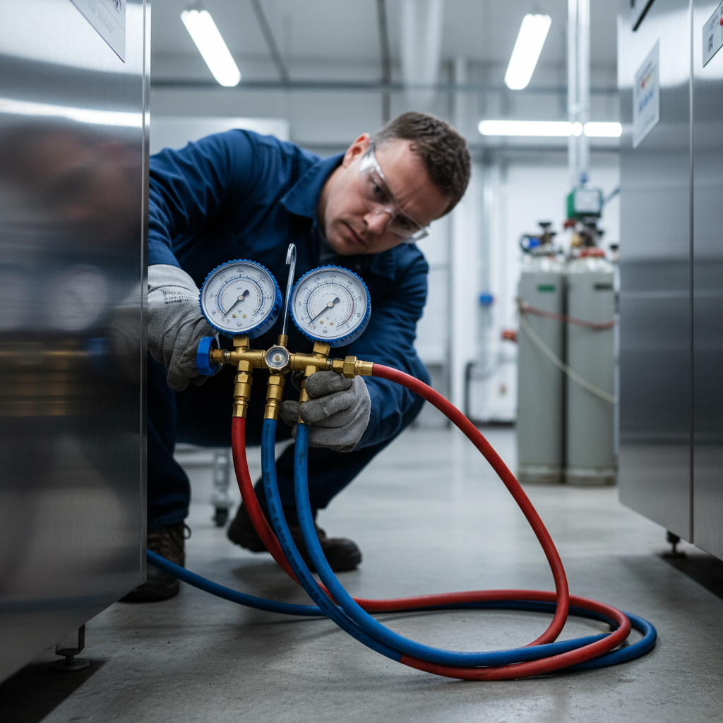 Technician using manifold gauge set to recharge commercial refrigeration system