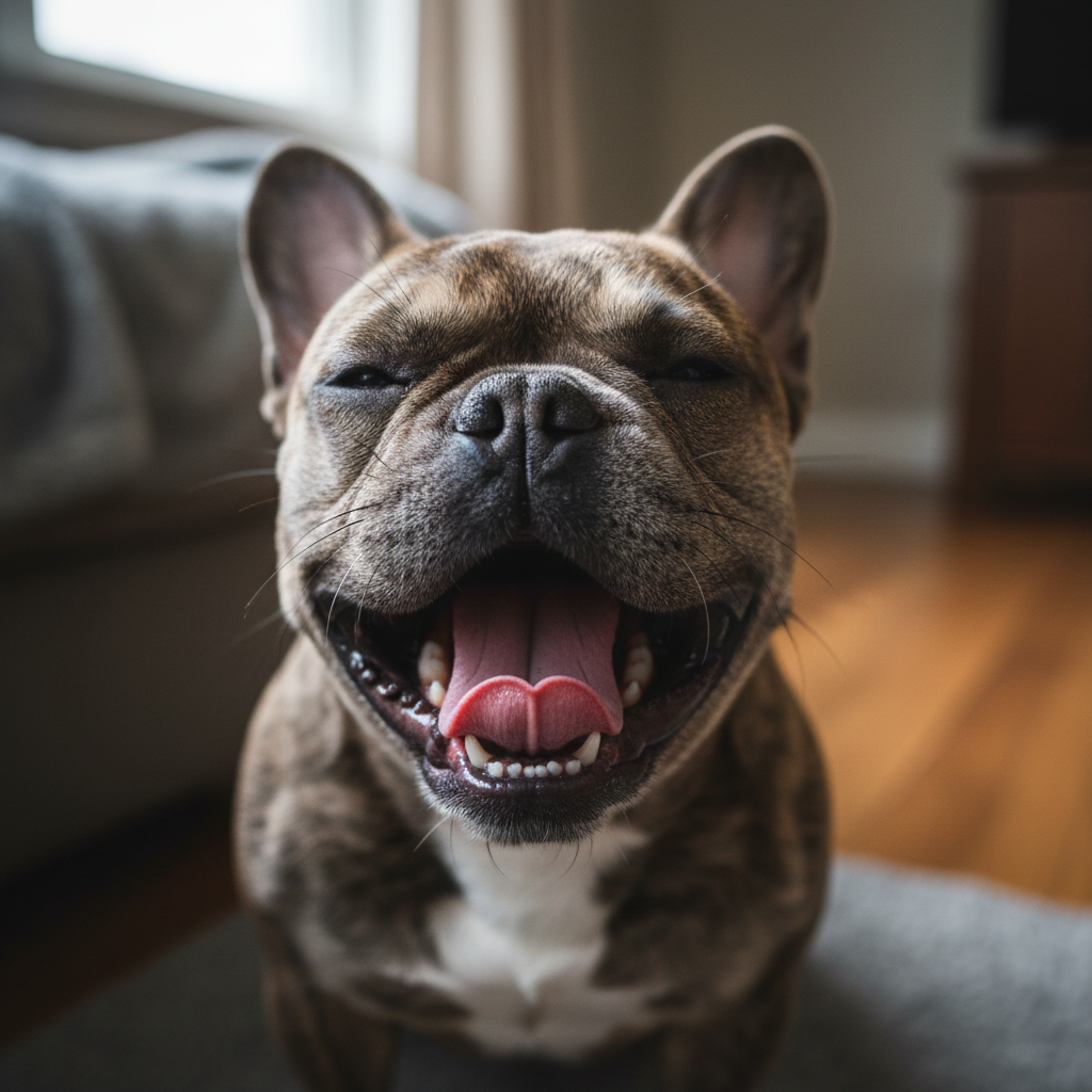 French Bulldog yawning widely showing tiny teeth
