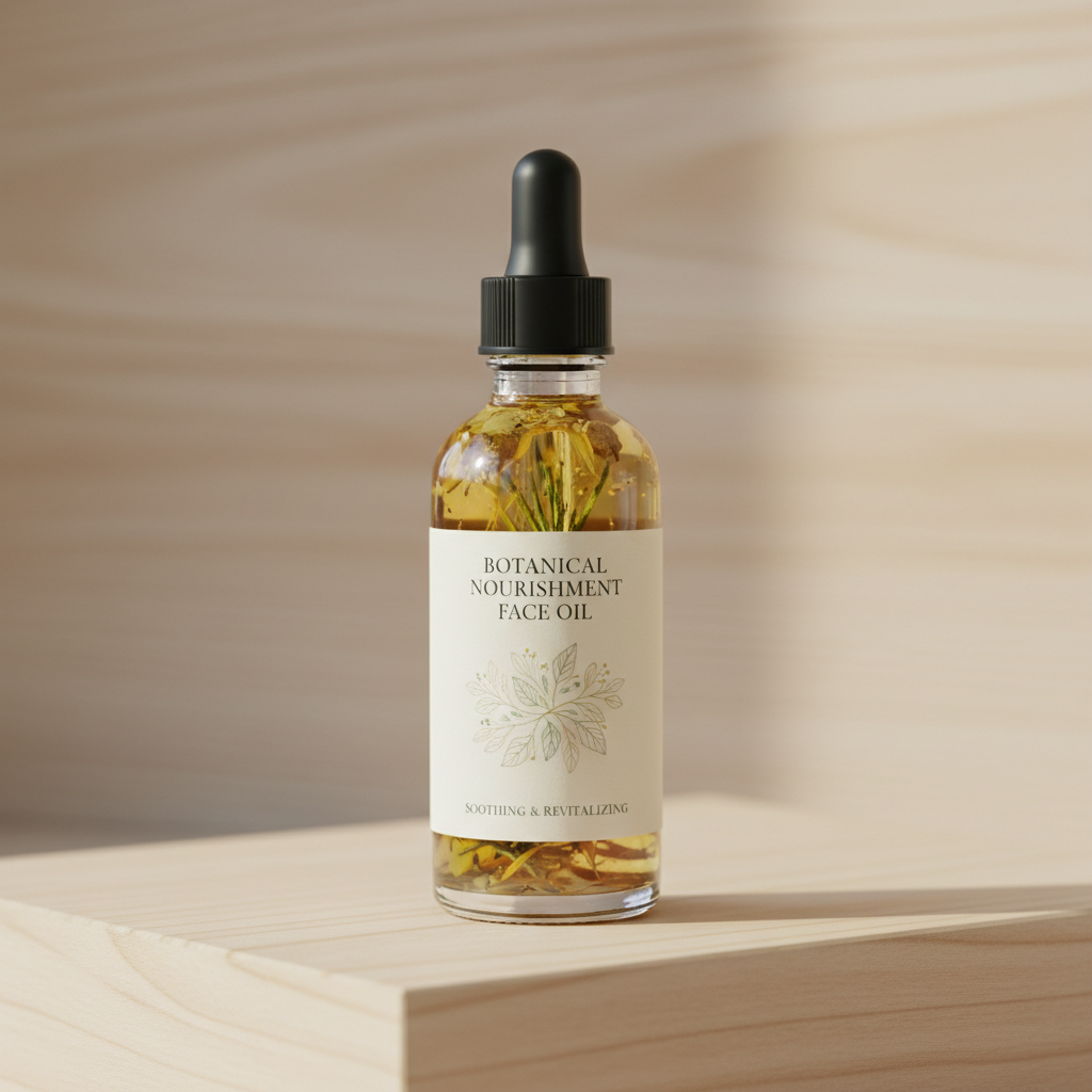 Amber glass face oil dropper bottle with botanical ingredients on white background
