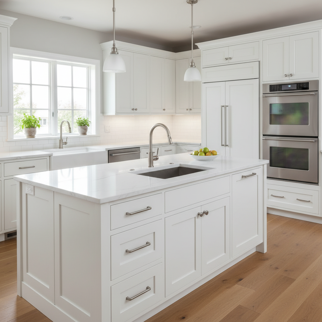 Floor-to-ceiling custom white kitchen cabinets with soft-close hardware and integrated lighting