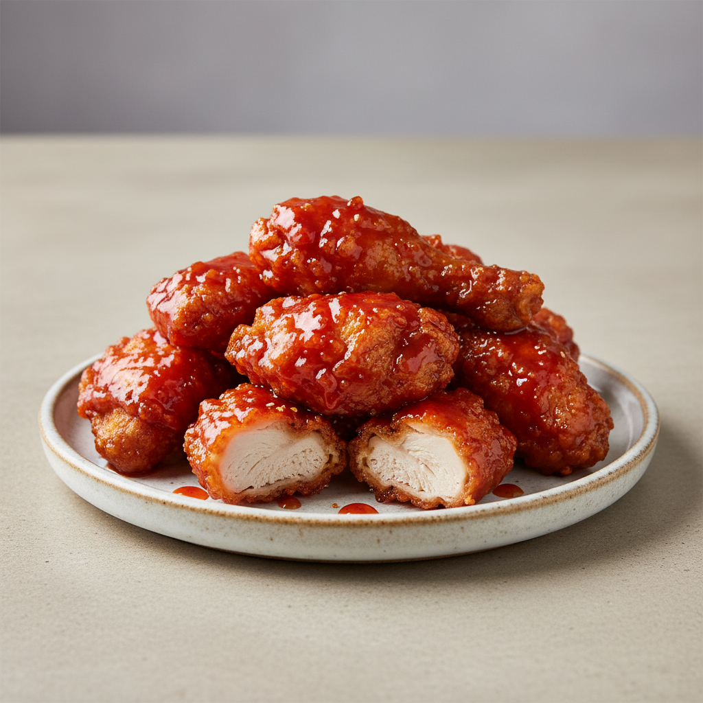 Crispy Korean fried chicken glazed in glossy sweet-spicy sauce on dark ceramic plate