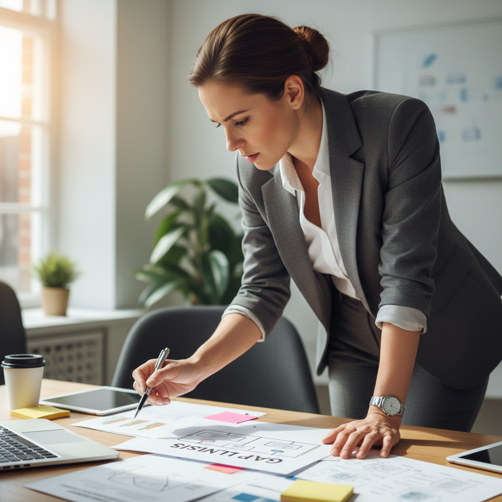 Professional consultant in suit working at clean organized desk in bright office