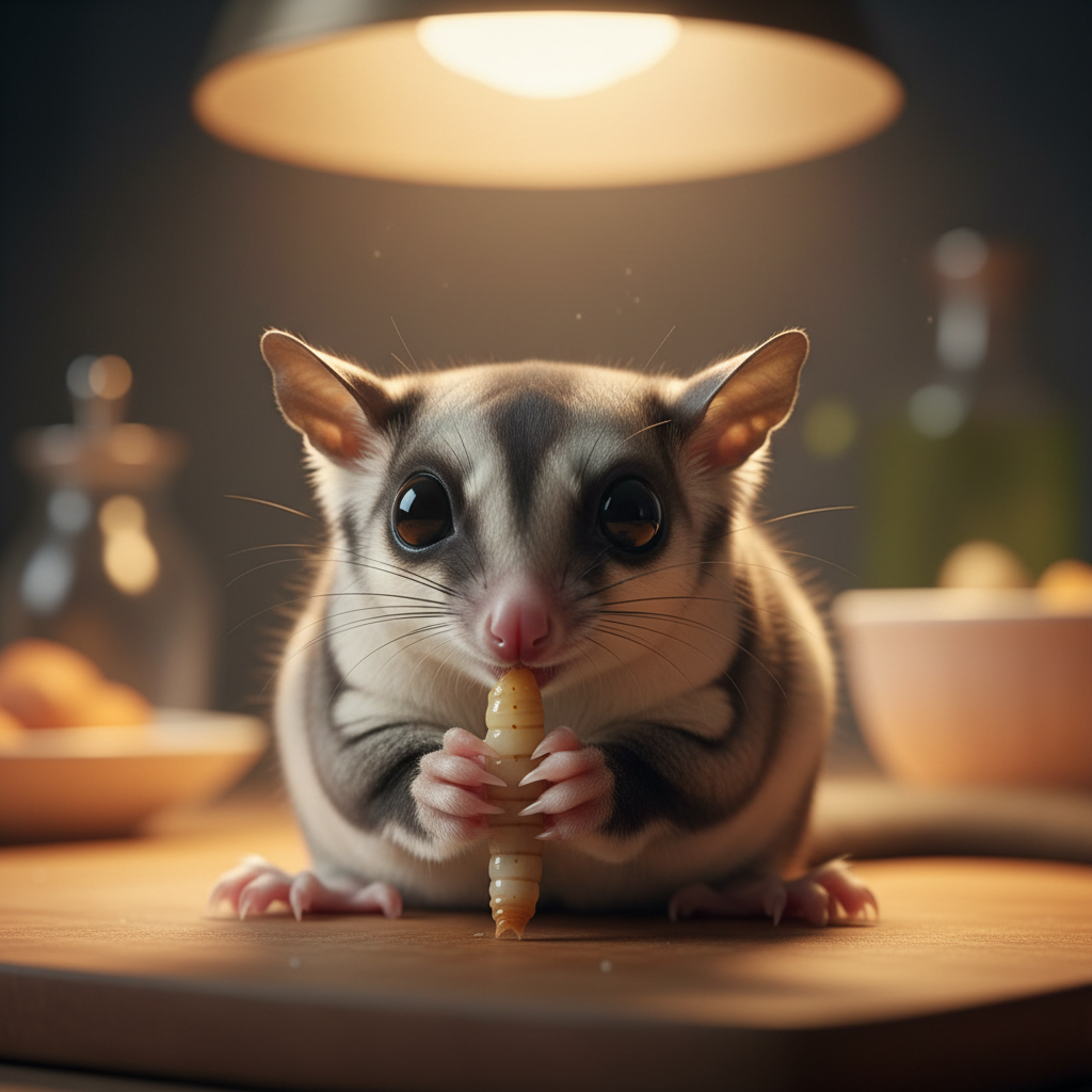 Sugar glider eating mealworm treat under warm kitchen lamp at night