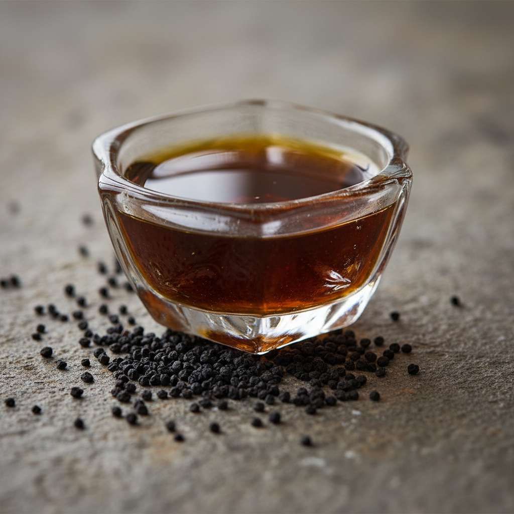Black nigella seeds and dark amber oil in a small glass vessel on stone surface