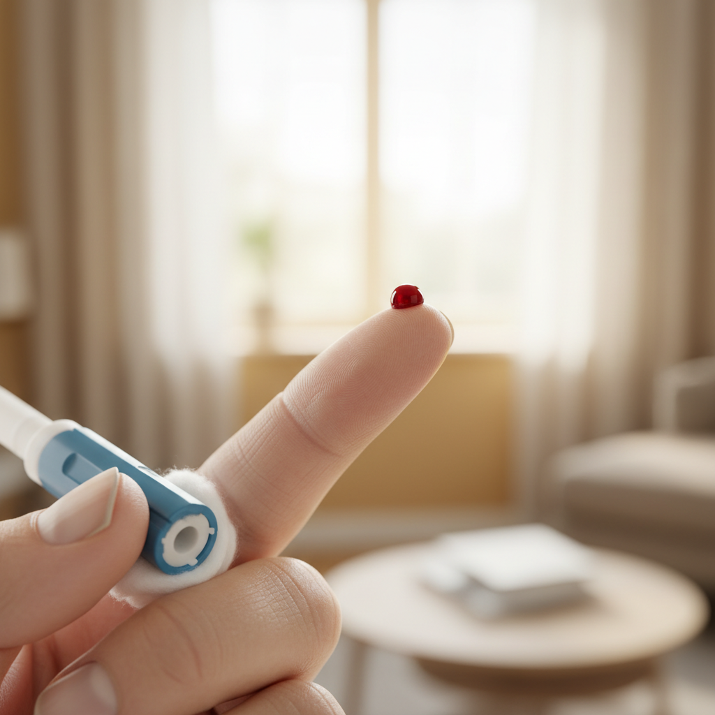 Person collecting a small finger-prick blood sample in a bright home setting