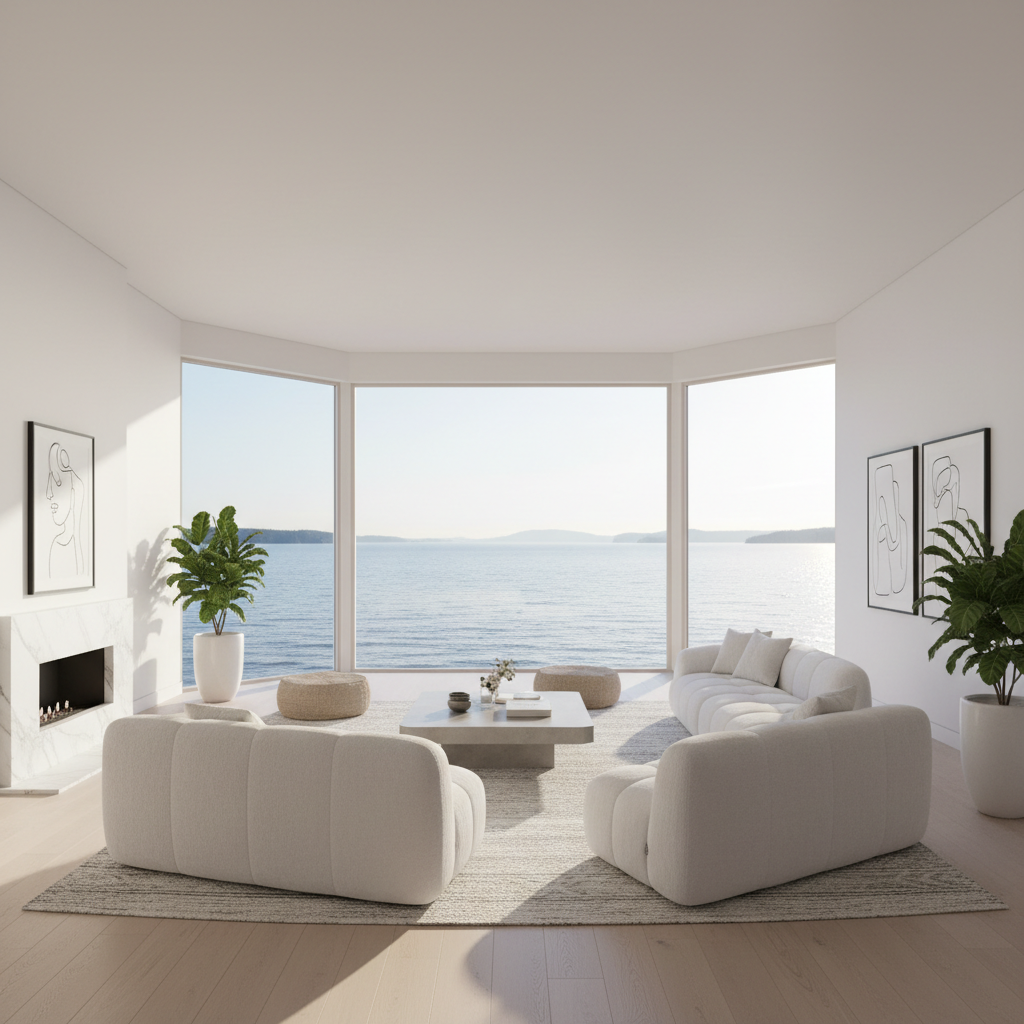 Sala de apartamento amplia con ventanal al mar