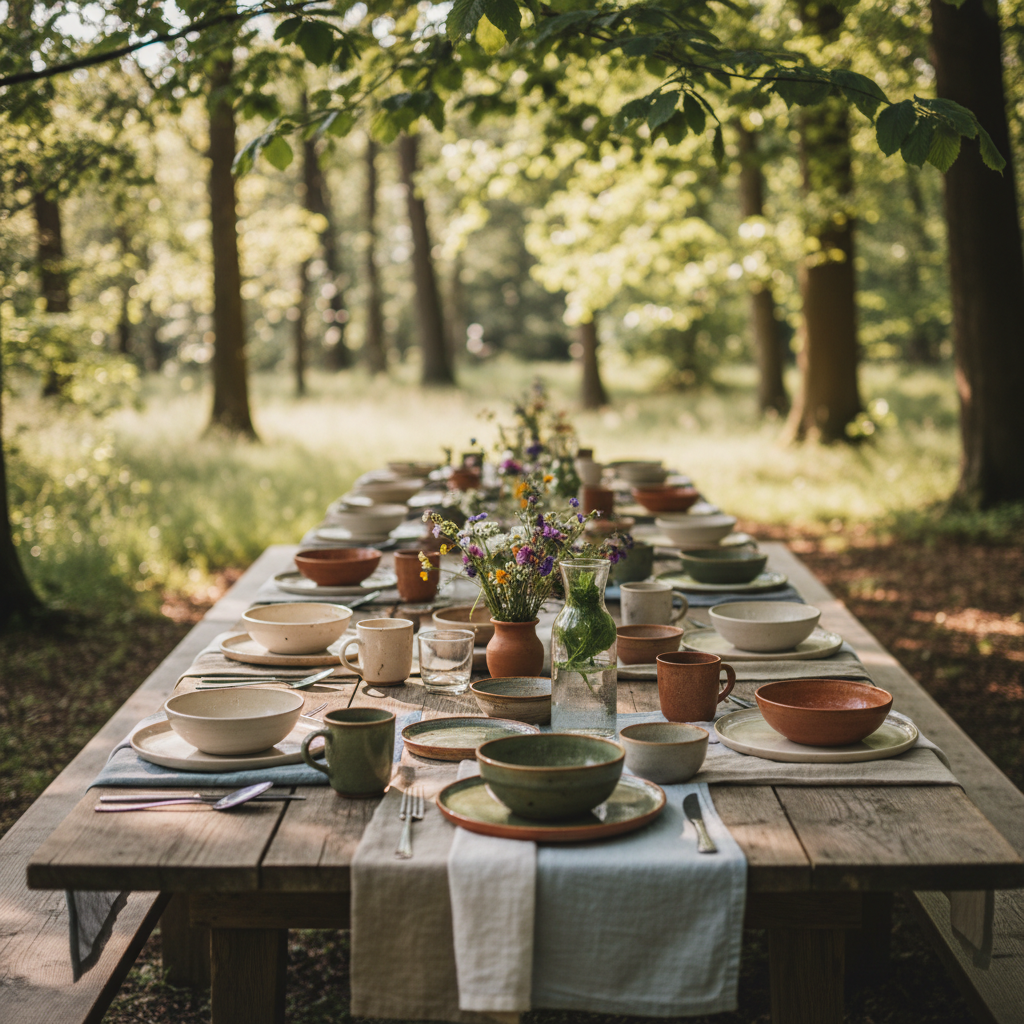 Long wooden table being set with mismatched ceramics and linen in dappled forest light