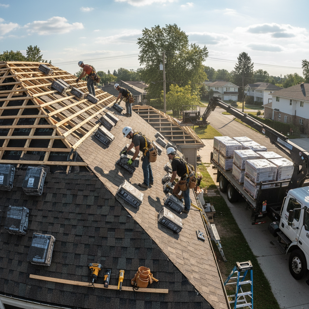 Construction crew performing general repairs and construction work on residential property, tools and materials in use