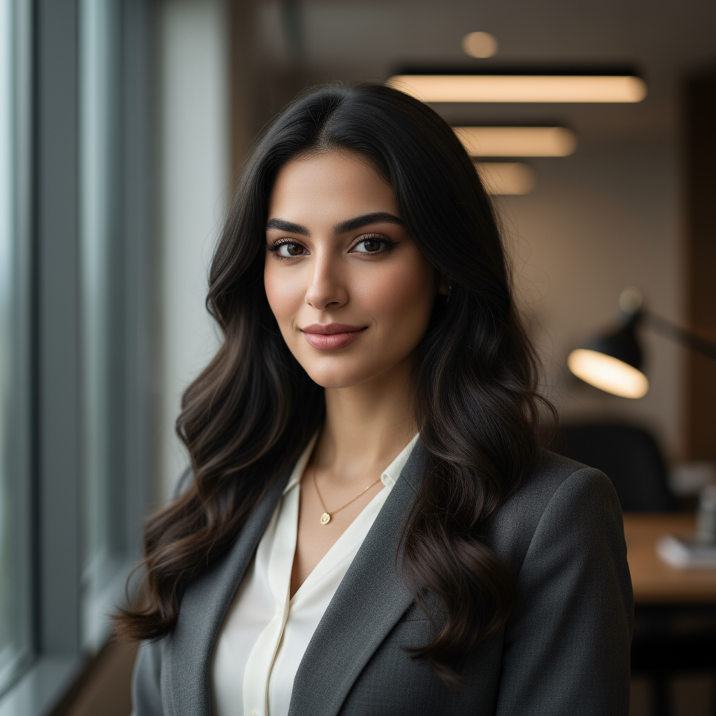 Young Arab woman with long dark hair wearing professional attire smiling brightly