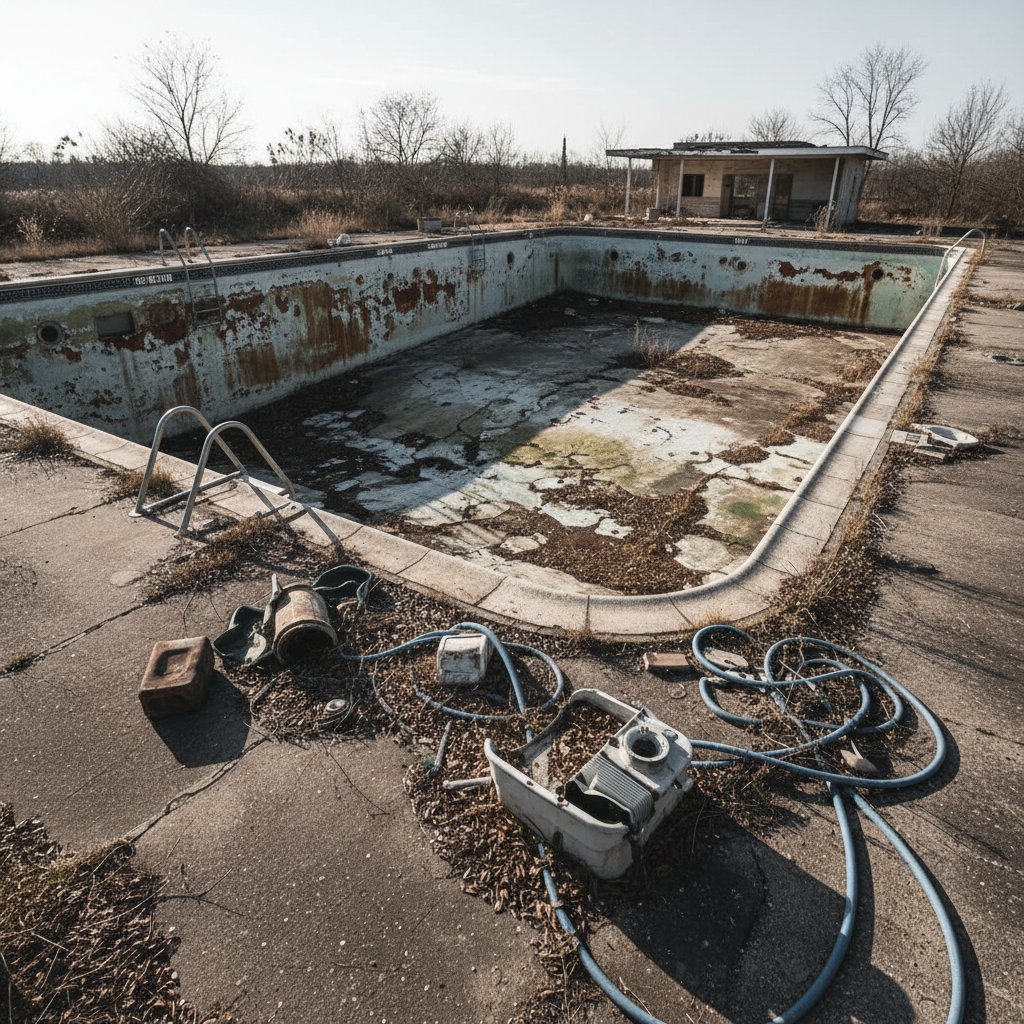 Cracked and stained pool surface before demolition work begins