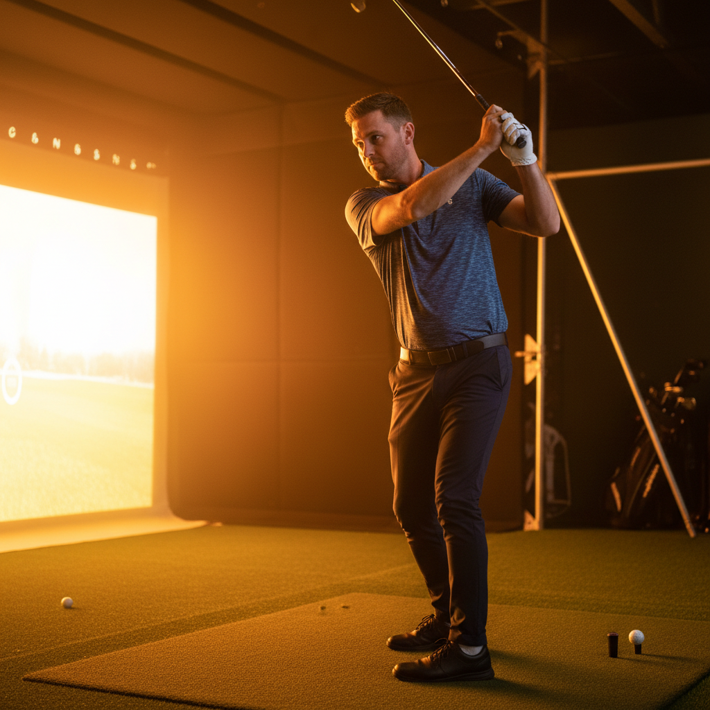 Golfer mid-downswing inside a simulator bay, simulator screen casting ember glow across the player