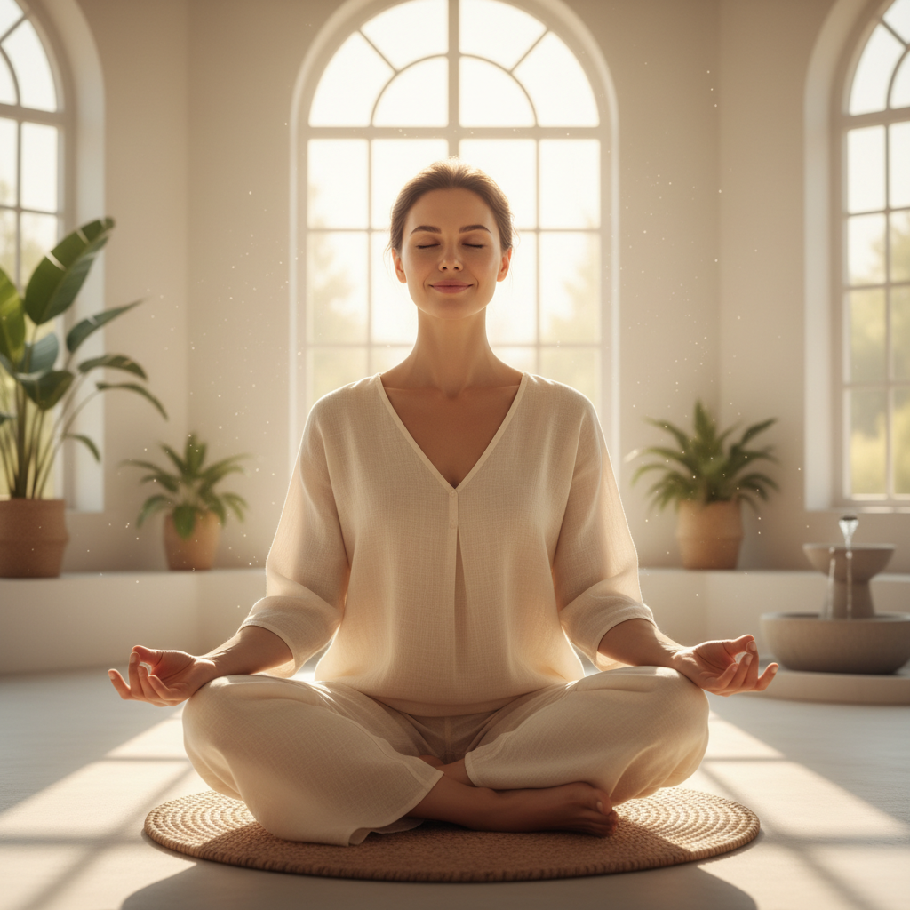 Calm meditation scene, woman in lotus pose, soft dawn light filtering through sheer curtains, warm golden and purple tones, peaceful healing atmosphere