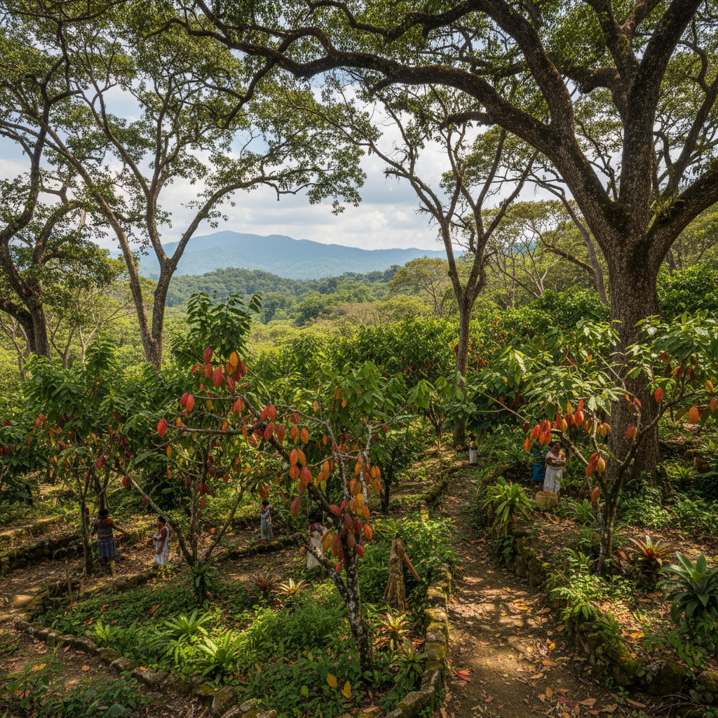Peruvian cocoa farm with ripe pods on trees, lush green jungle background, golden hour light