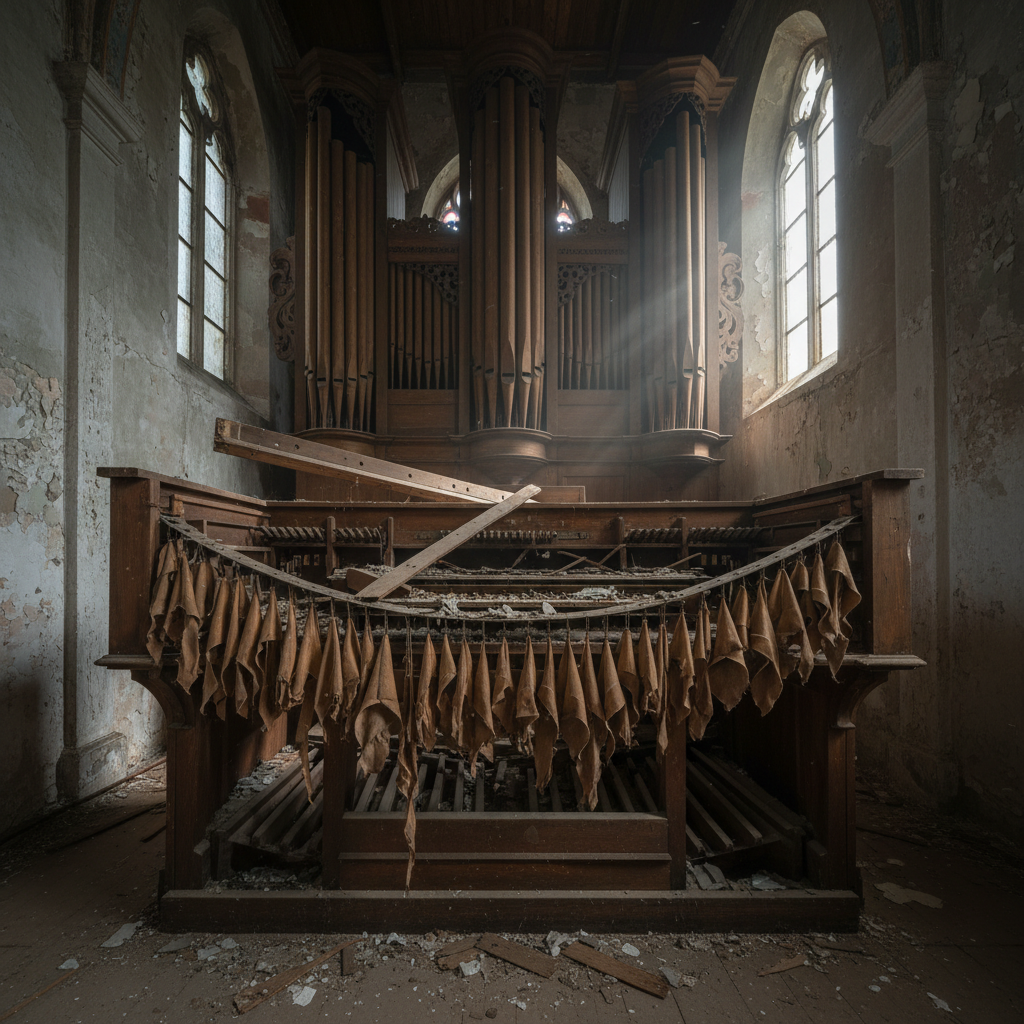 Deteriorated pipe organ interior showing collapsed leather valves and warped wooden pipes in a small chapel