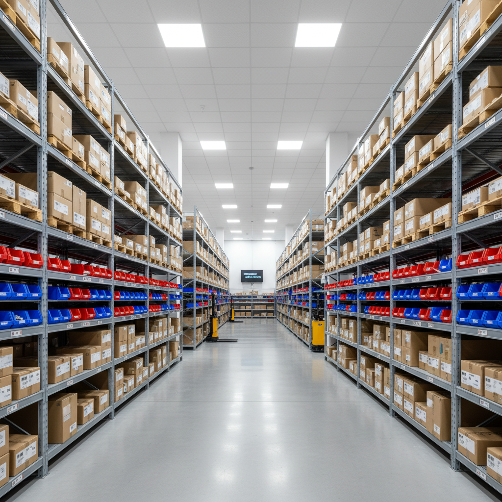 Clean organized warehouse with neatly stacked boxes and shelving units, well-lit storage facility