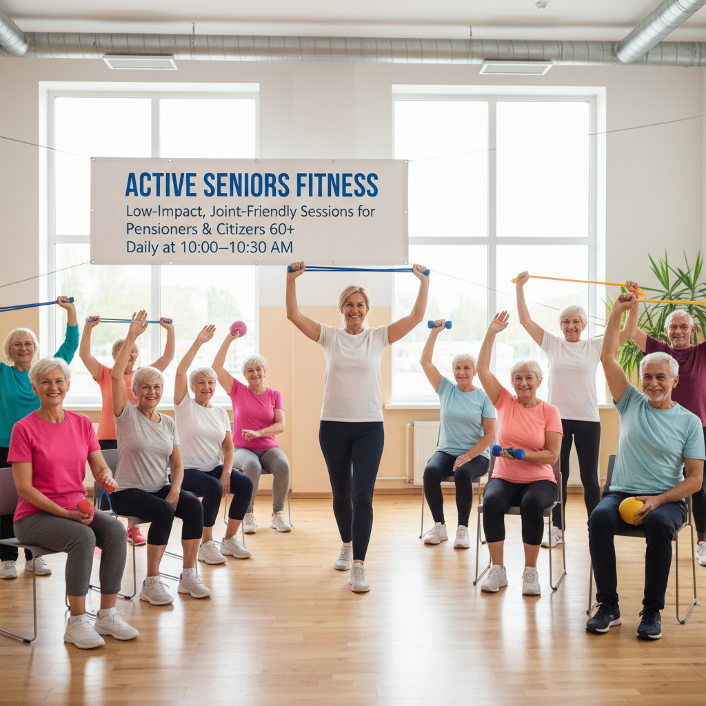 Senior Citizens Classes fitness class at ReeGym, dark gym atmosphere, athletic participants