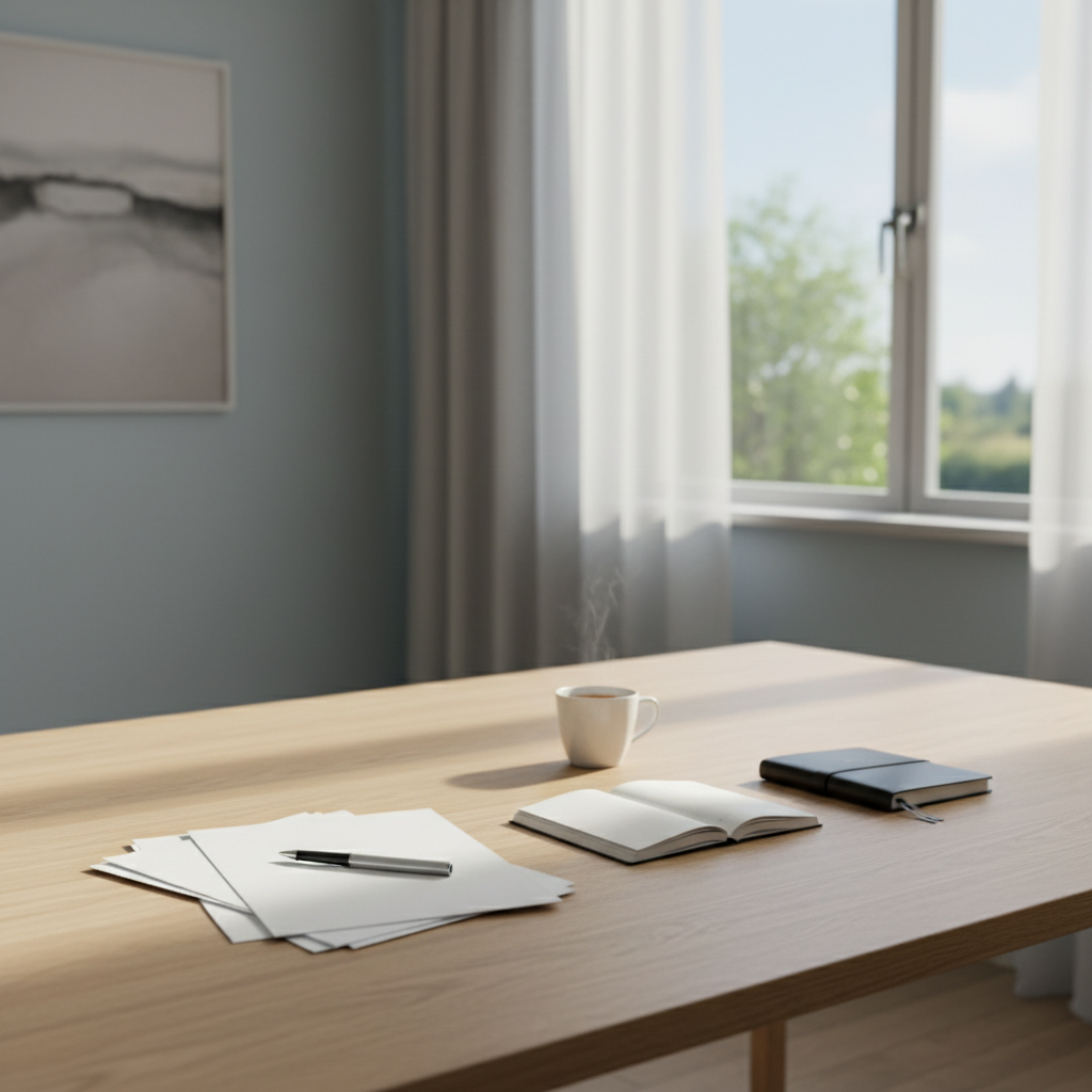 Calm editorial workspace with content planning materials, notebooks and a clean desk in warm ambient lighting