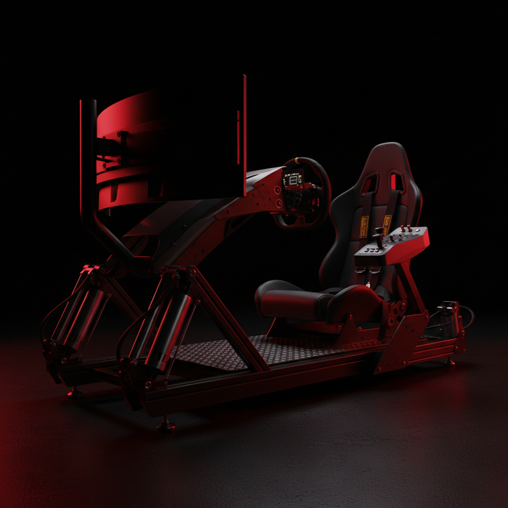Advanced motion platform racing simulator rig with actuators, dramatic red lighting, professional cockpit setup