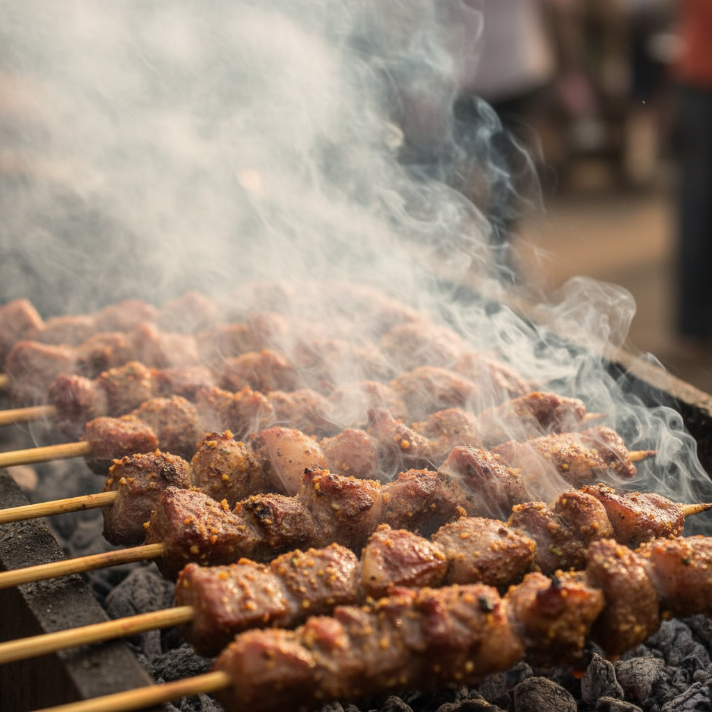 Suya beef skewers on dark wooden board, dramatic low-key lighting, deep shadows on charred meat surface