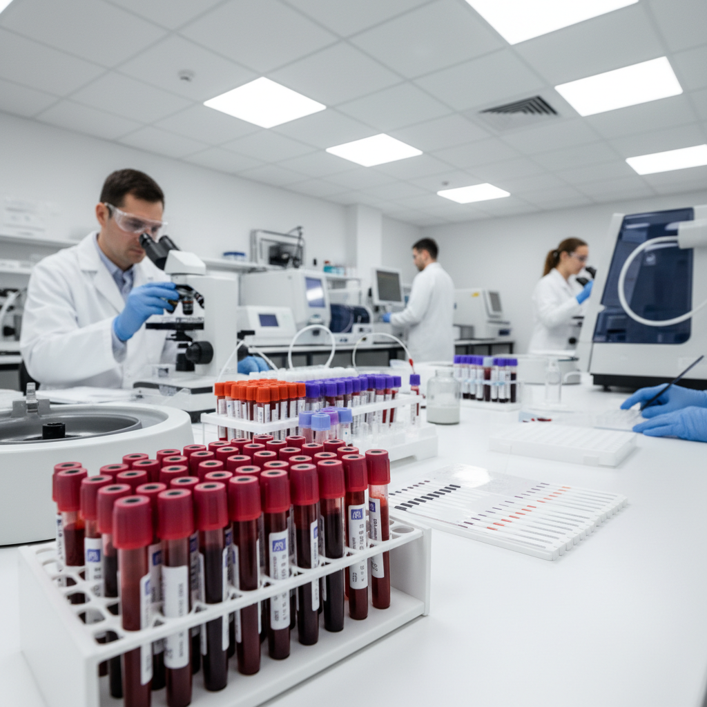 Laboratory technician examining blood samples under bright overhead lights in a clean white lab environment
