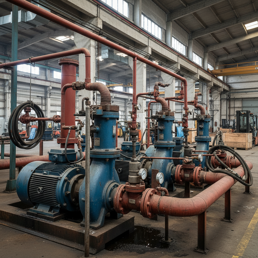 Industrial hydraulic machinery with steel pipes and valves, dark oily surfaces, low-key dramatic lighting in factory setting