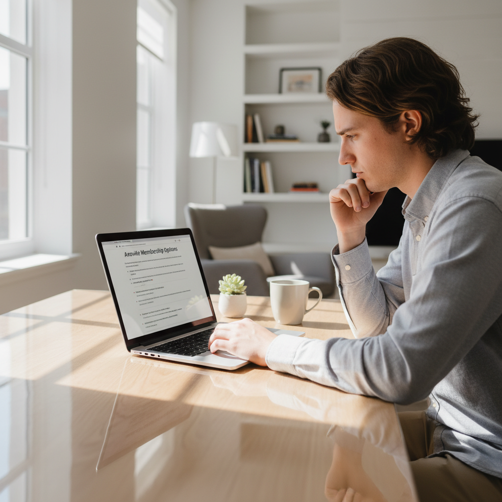 Person reviewing Anovité membership options on a laptop at a bright desk