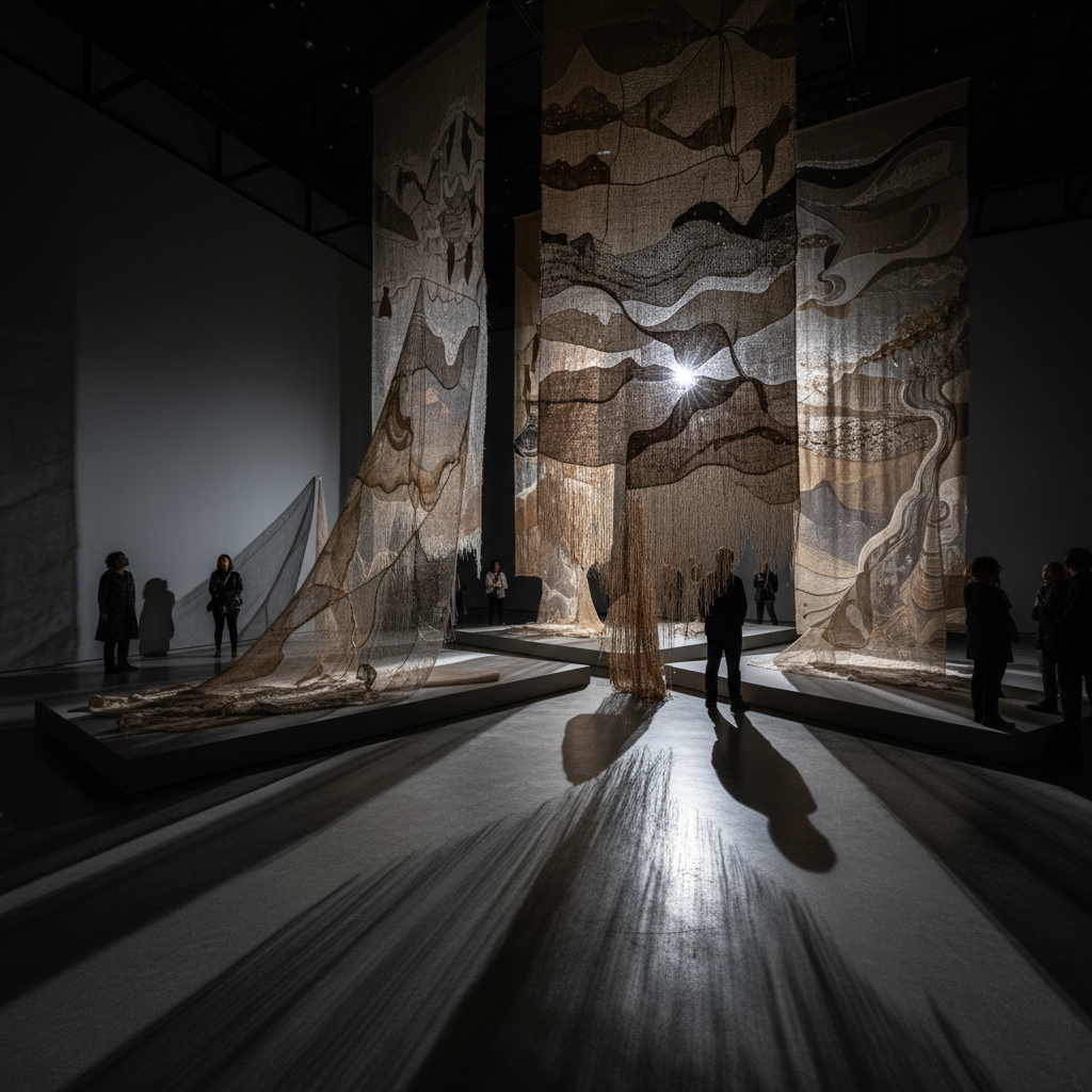 Black and white installation photograph showing large-scale textile work hanging in gallery space with dramatic lighting