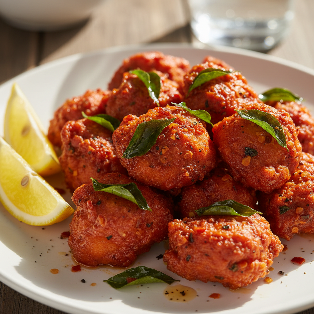 Bright red spiced chicken 65 garnished with curry leaves and lemon wedge