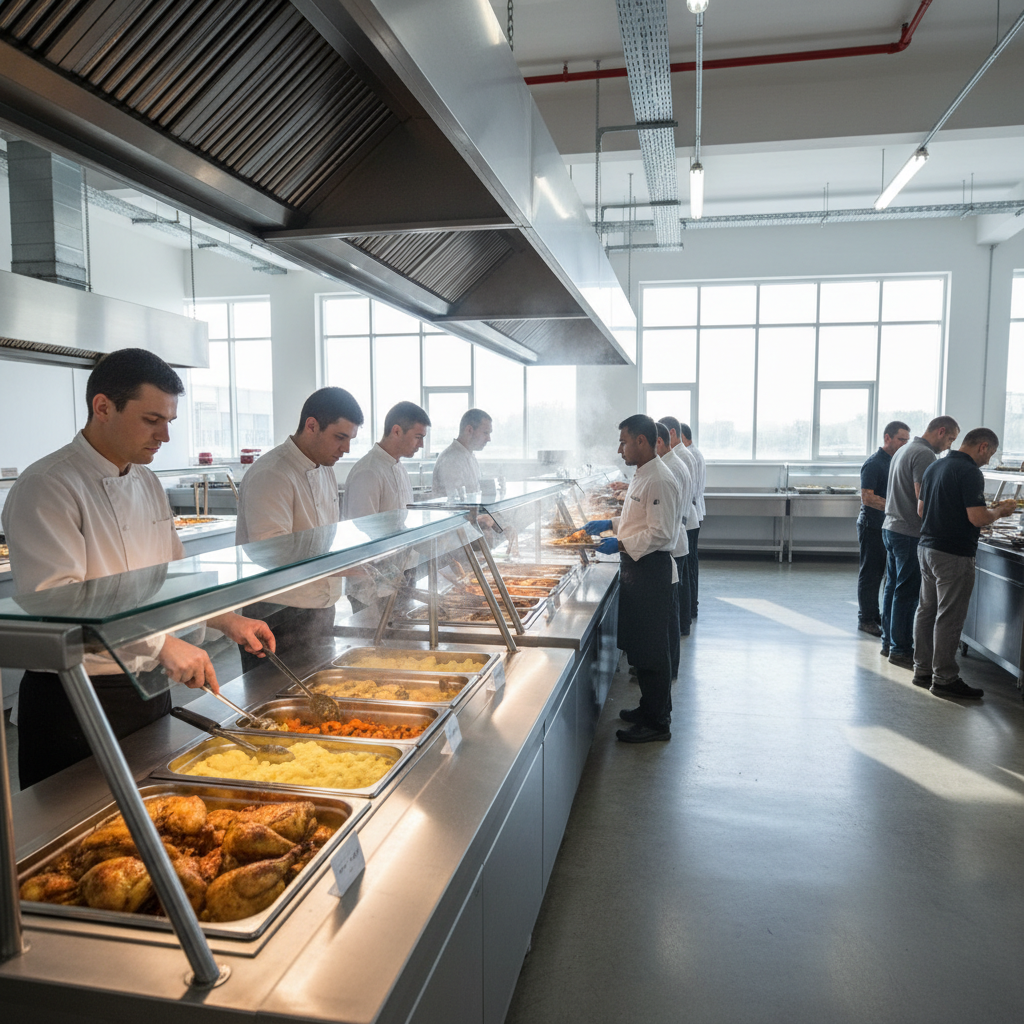 Catering business kitchen preparation, professional food service setting, bright clean kitchen environment