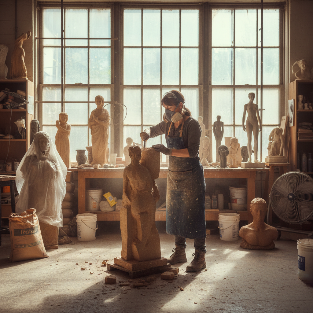 Sculptor Elara Voss standing in her studio surrounded by works in progress and tools