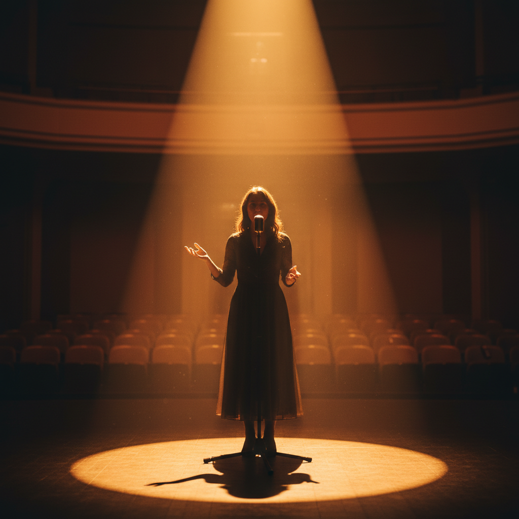 Spoken word performer on stage under warm amber spotlight, expressive gesture, intimate venue, dark atmospheric background
