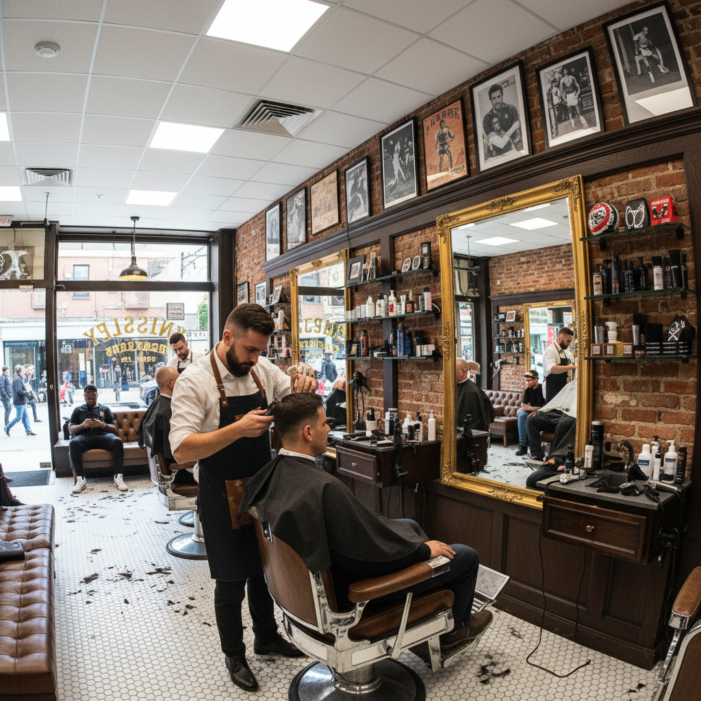 Barber at Kingsley Barbershop midtown Atlanta working on client
