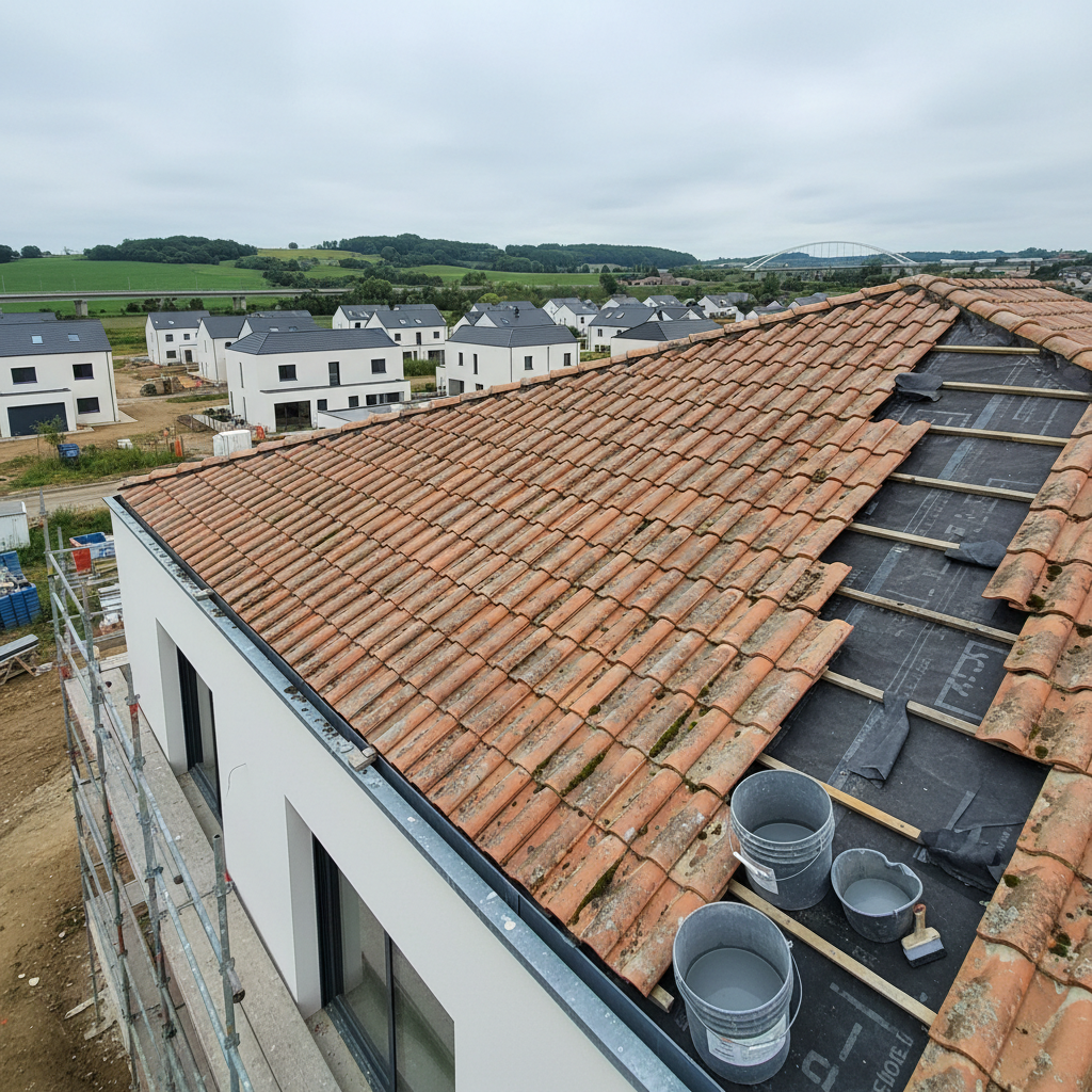Toiture en tuiles béton décolorées avant peinture hydrofuge à Bezannes