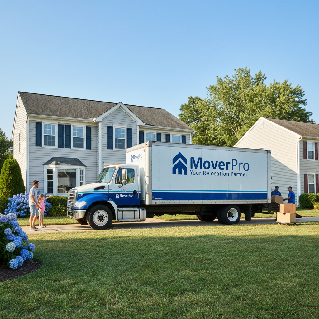 Moving truck parked in front of a suburban California home on a bright day