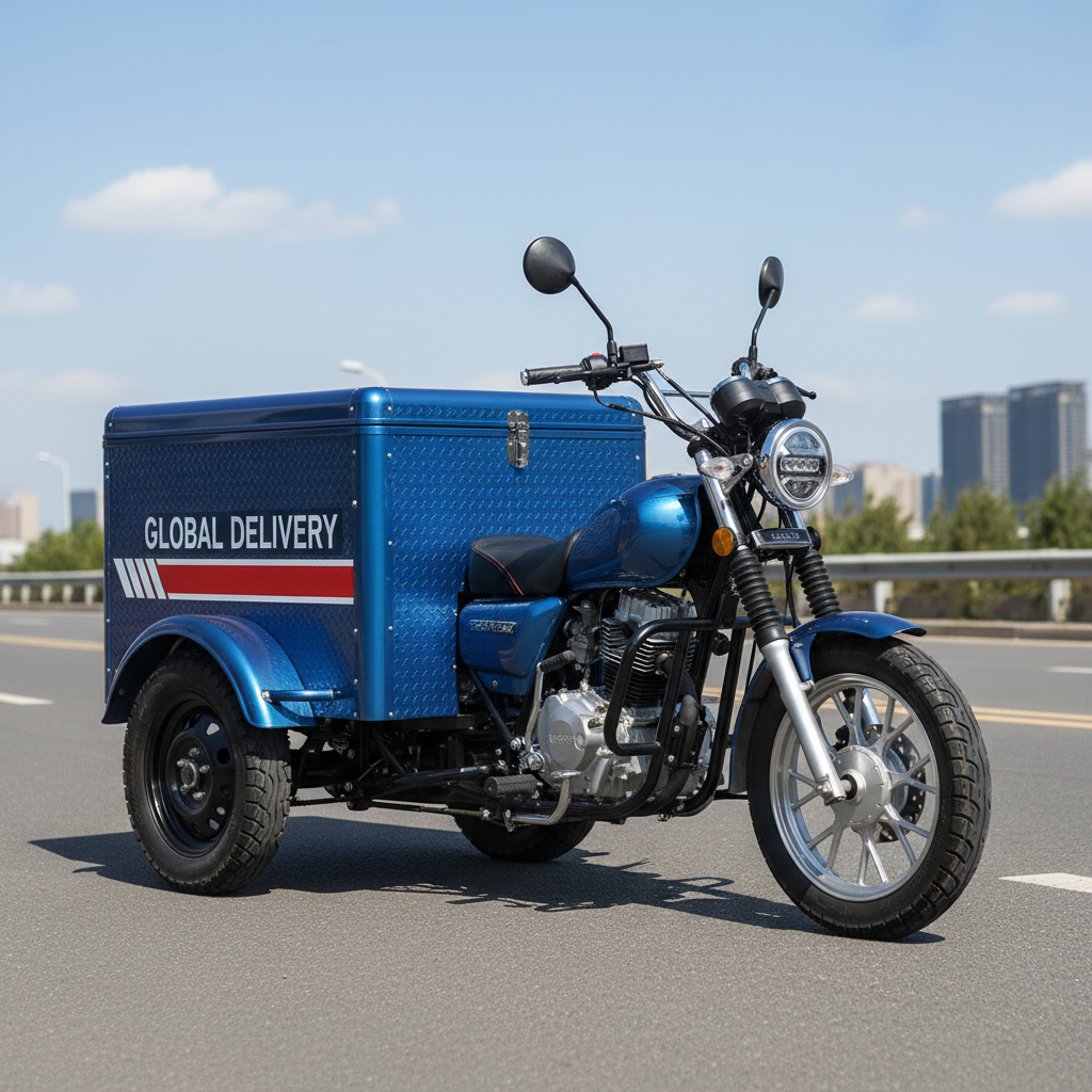 Three-wheel cargo motorcycle on a road in bright daylight, commercial vehicle photography