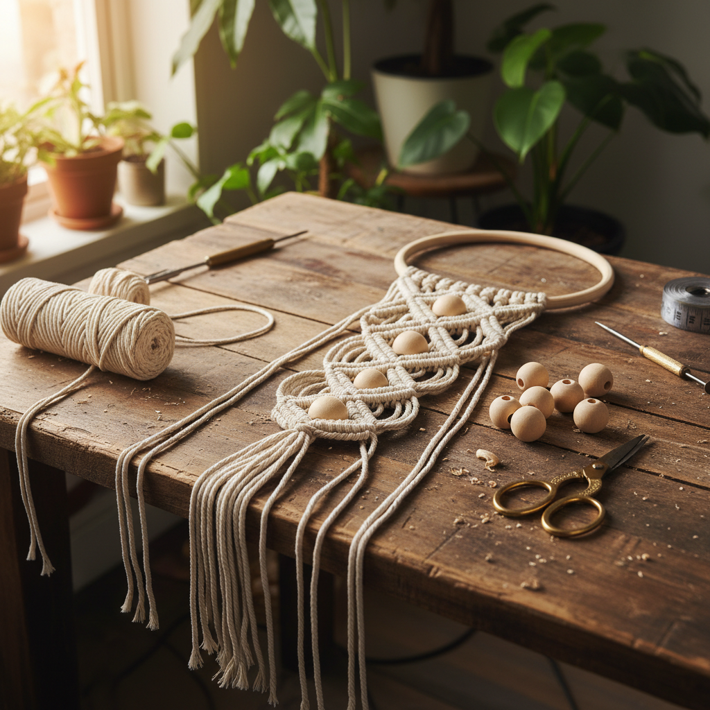 Macramé plant hanger in progress with twisted cotton cord and wooden beads on workbench
