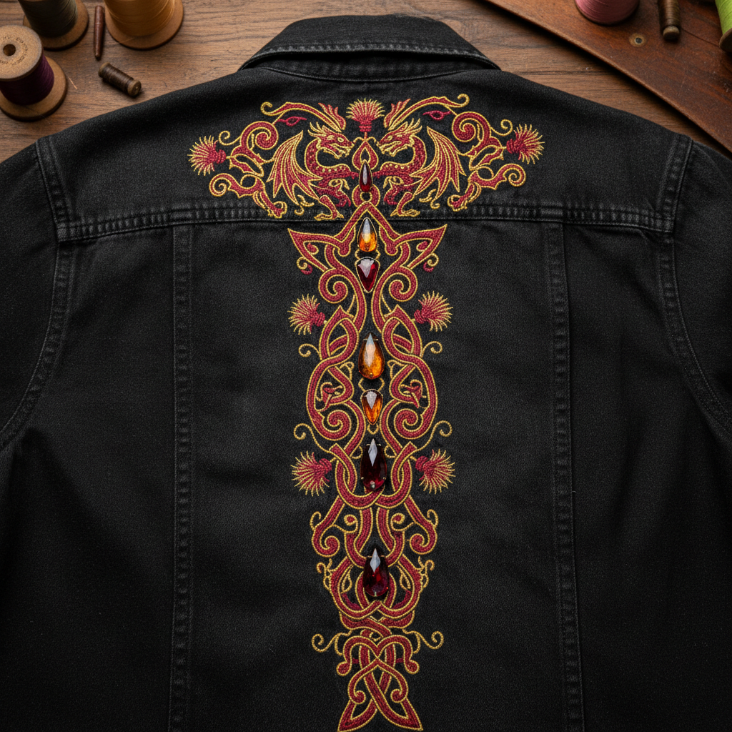 Dark indigo denim jacket with intricate embroidered dragon design on back, studio product photography, sharp focus, neutral dark background