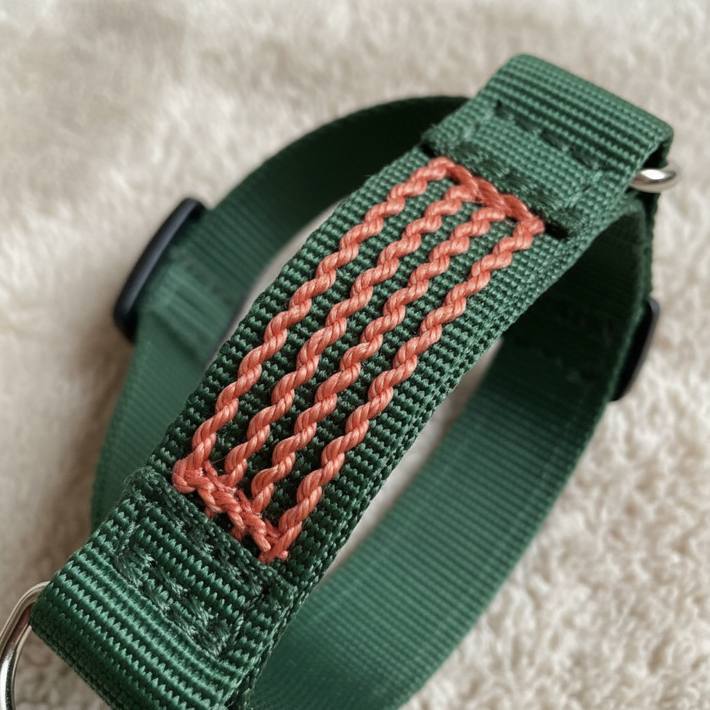 Close-up of triple-stitched seam on a tiny ferret harness, showing reinforced coral thread