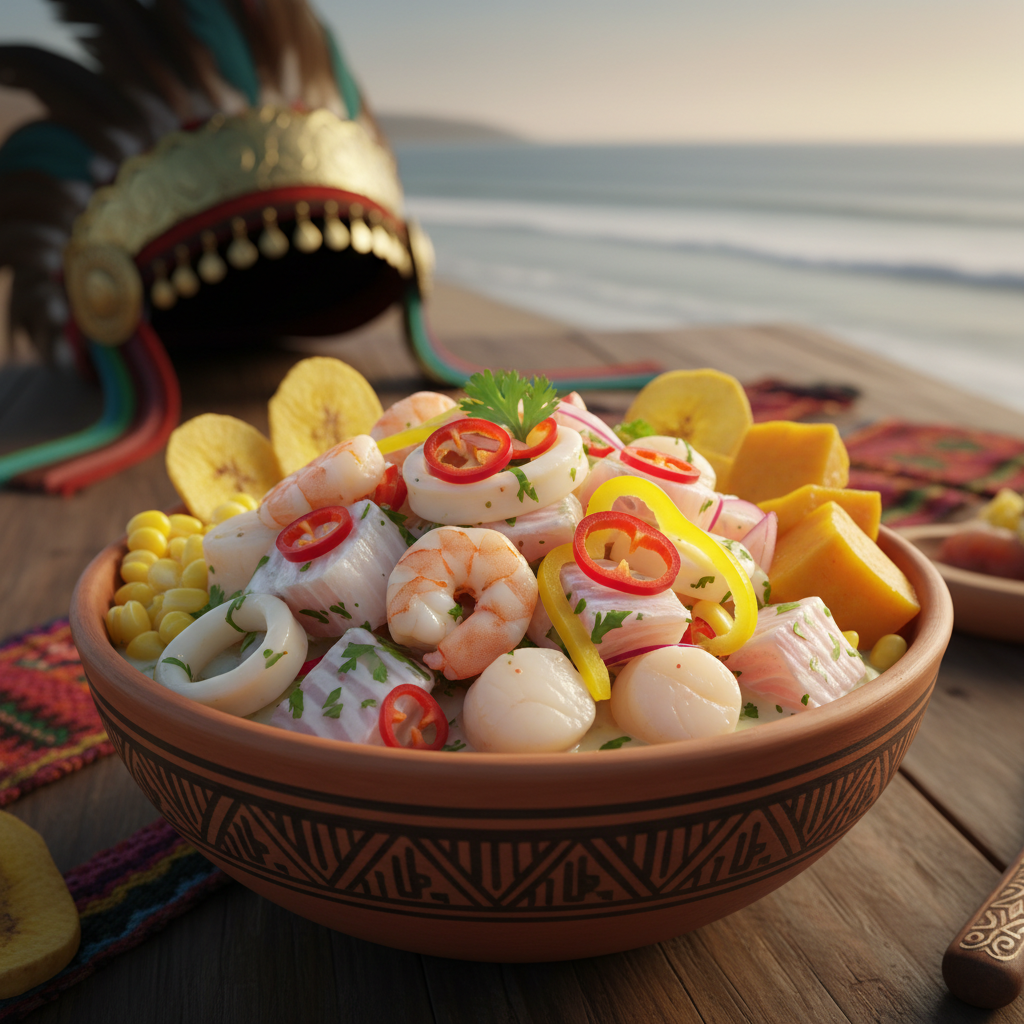Vibrant Mexican seafood restaurant interior with colorful tiles and fresh ceviche on the counter