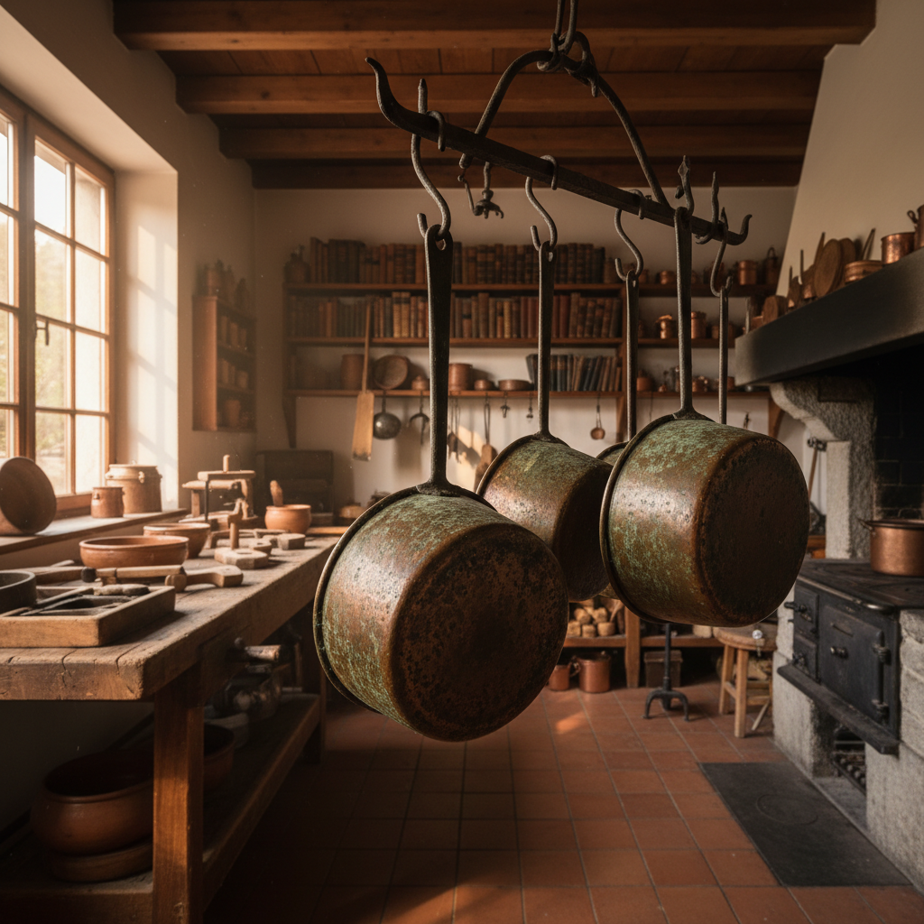 Bell metal workshop with tools and moulds, rustic Indian craft studio, warm amber light