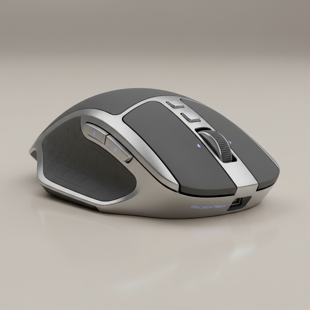 Ergonomic wireless computer mouse on a dark desk surface, side angle product shot