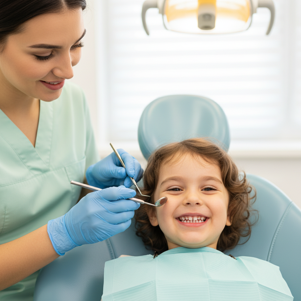 Child patient sitting comfortably in a dental chair with a friendly dental professional