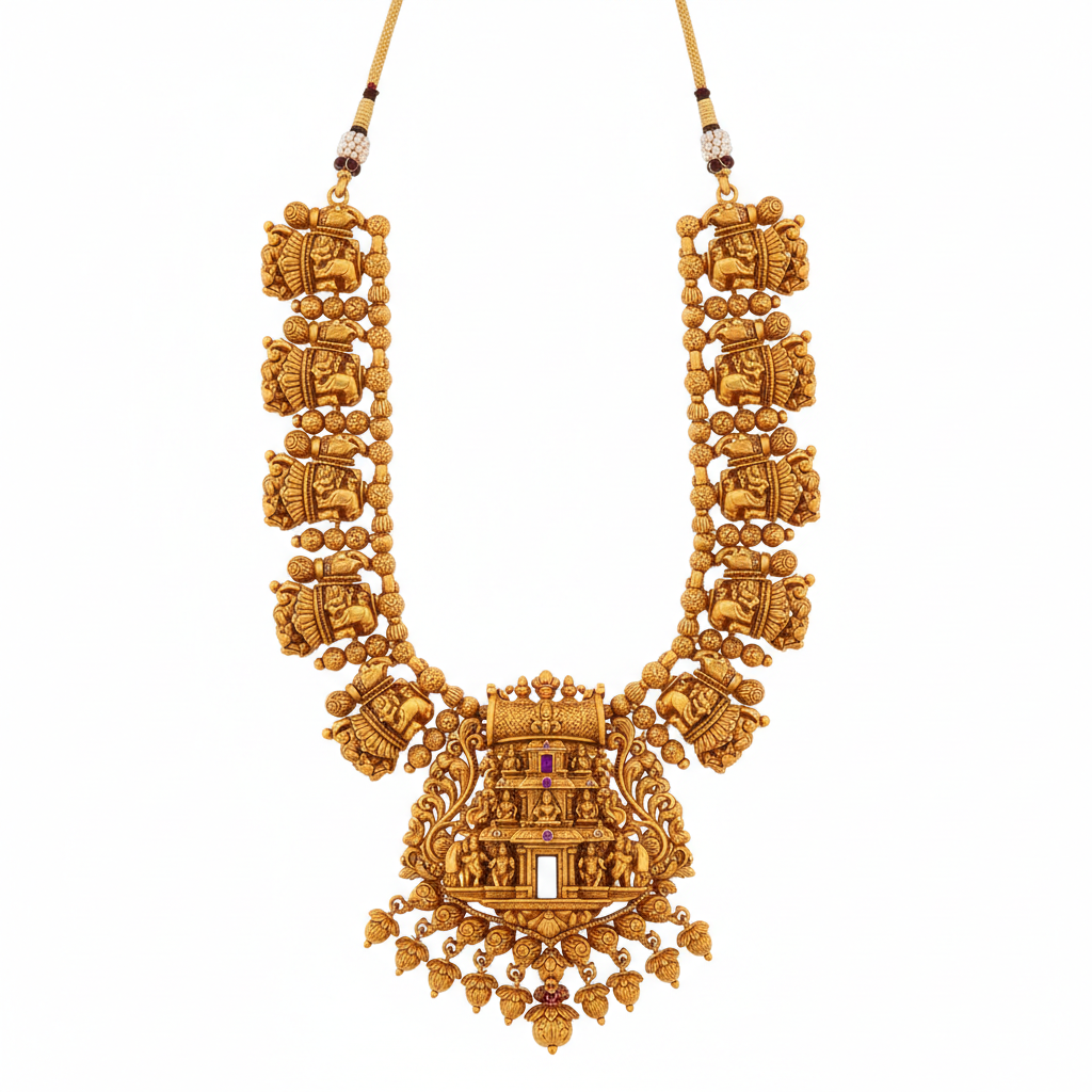 Traditional South Indian temple gold necklace with deity motifs, long haram style