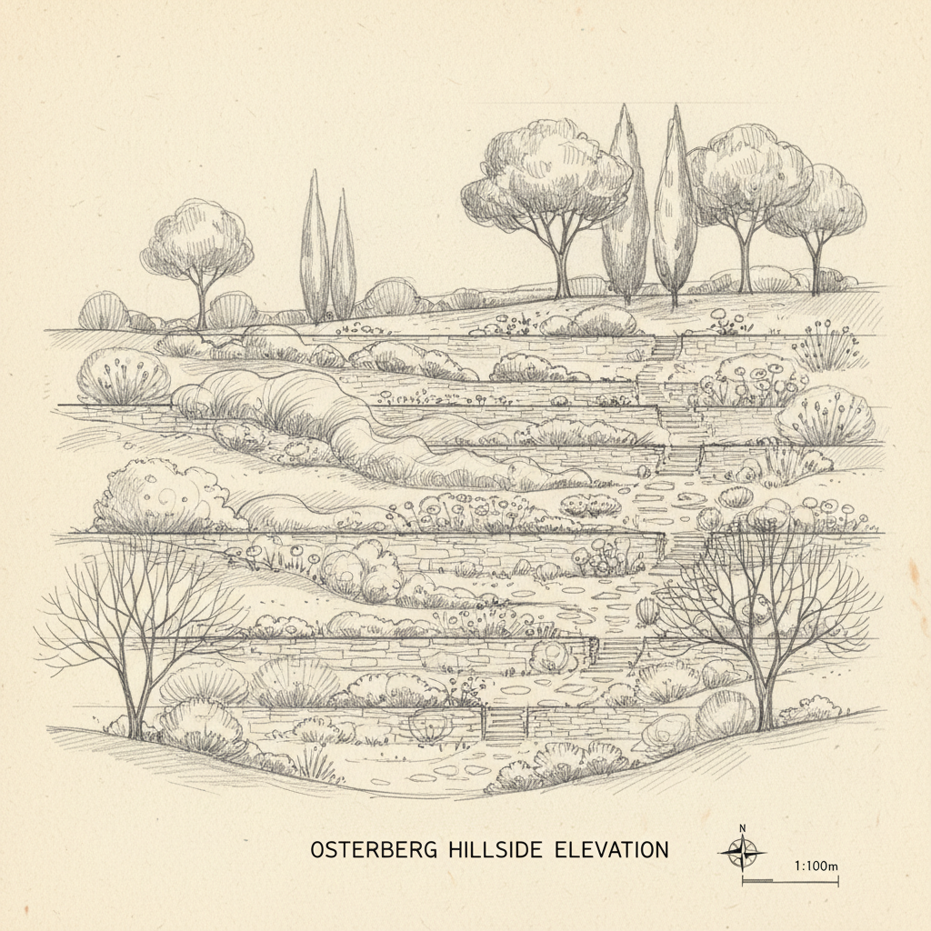 Pencil elevation sketch of the Osterberg hillside showing terrace levels and planting masses