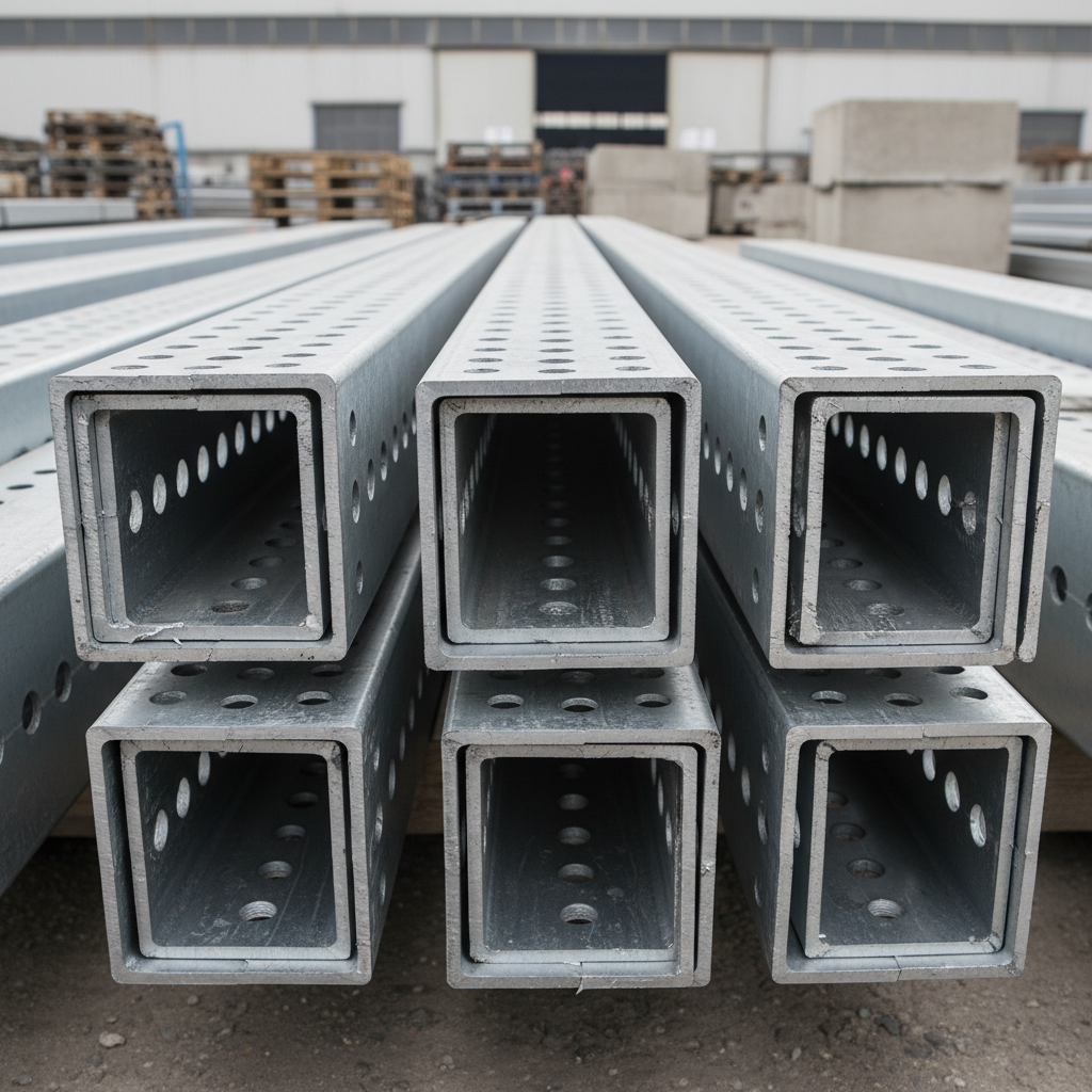 Square mild steel hollow section pipes stacked in an industrial storage facility