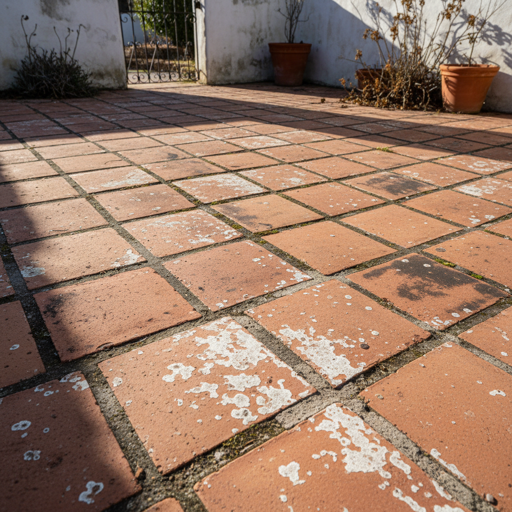 Saltillo tile patio with efflorescence, staining, and deteriorating grout lines