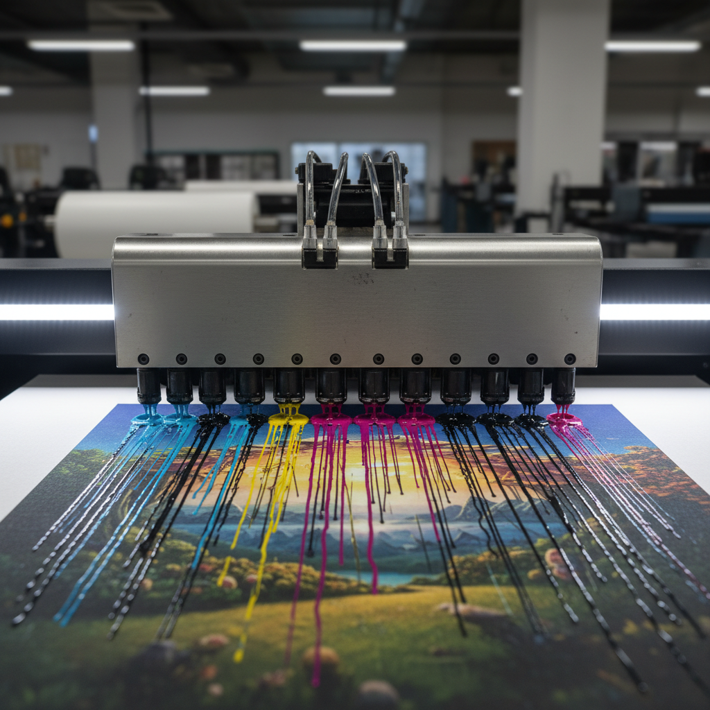 Wide-format printing press head laying down four-color process ink on large substrate