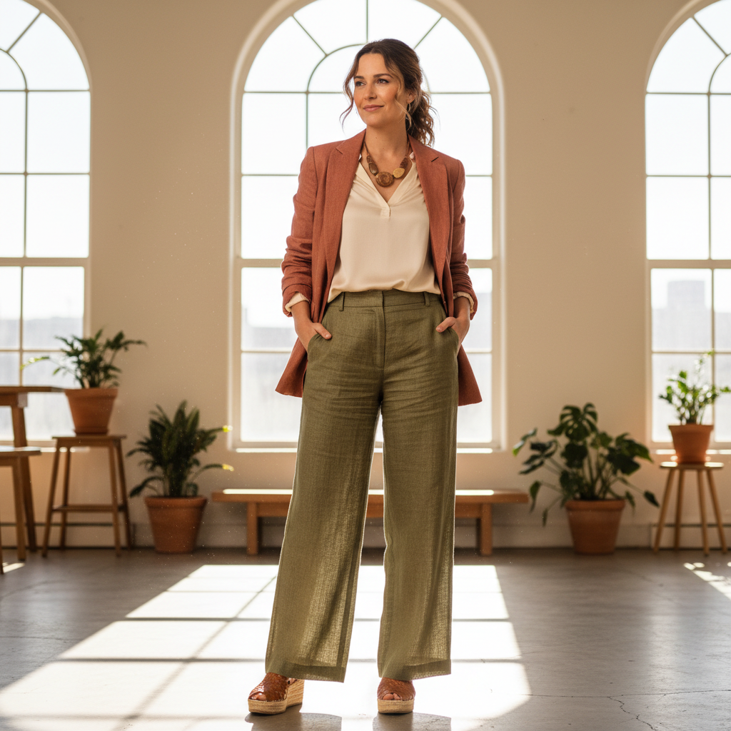 Lifestyle apparel brand ad with model in bright studio setting