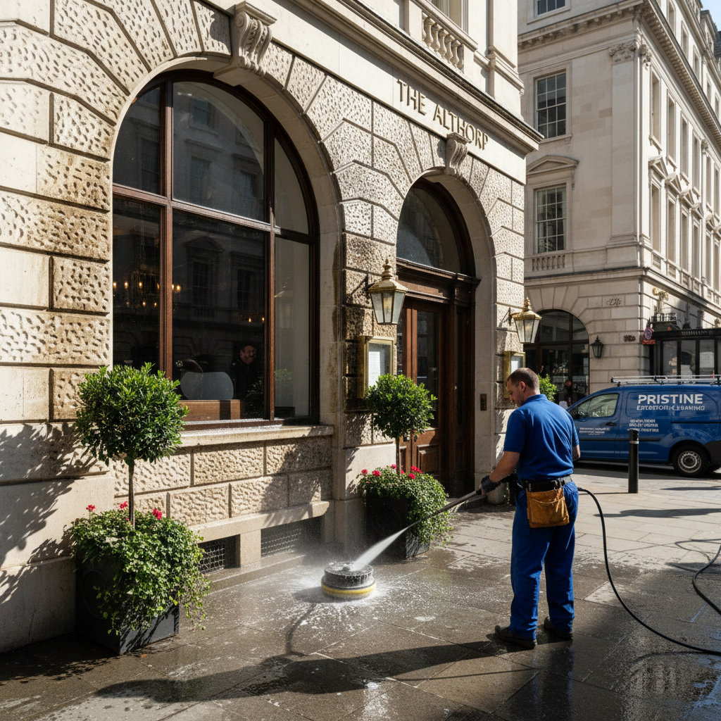 Clean commercial premises exterior after waste collection service, tidy business premises