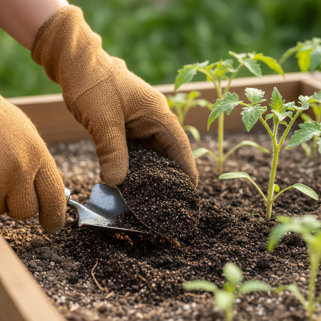 Hands cupping rich dark garden soil with small seedlings emerging, morning light filtering through leaves in a raised garden bed